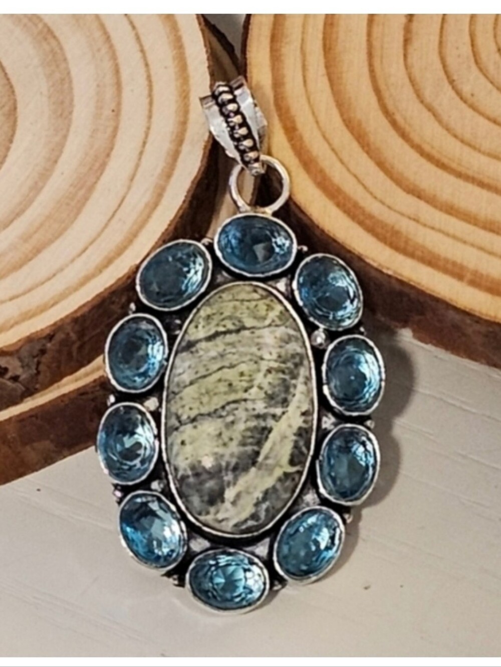 Green Sheen Opal / Blue Topaz Oval Pendant - self-esteem, calmness